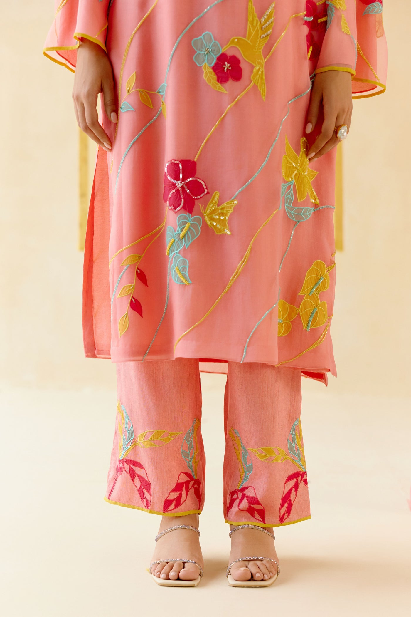 "I AM" a Bougainvillea blush pink applique & hand embroidered leher suit set