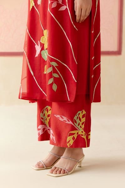 "I AM" a Bougainvillea red applique & hand embroidered leher suit set