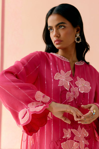 "I AM" a Carnation pink applique & hand embroidered layered kurta set