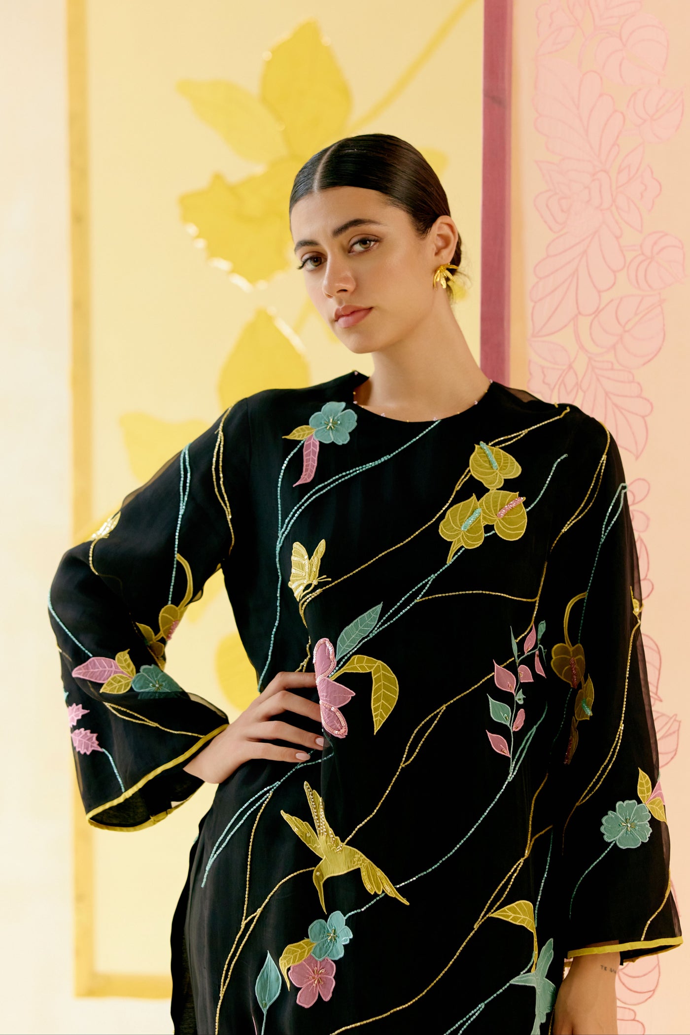 "I AM" a Bougainvillea black applique & hand embroidered leher suit set