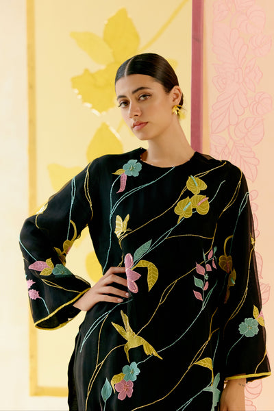 "I AM" a Bougainvillea black applique & hand embroidered leher suit set