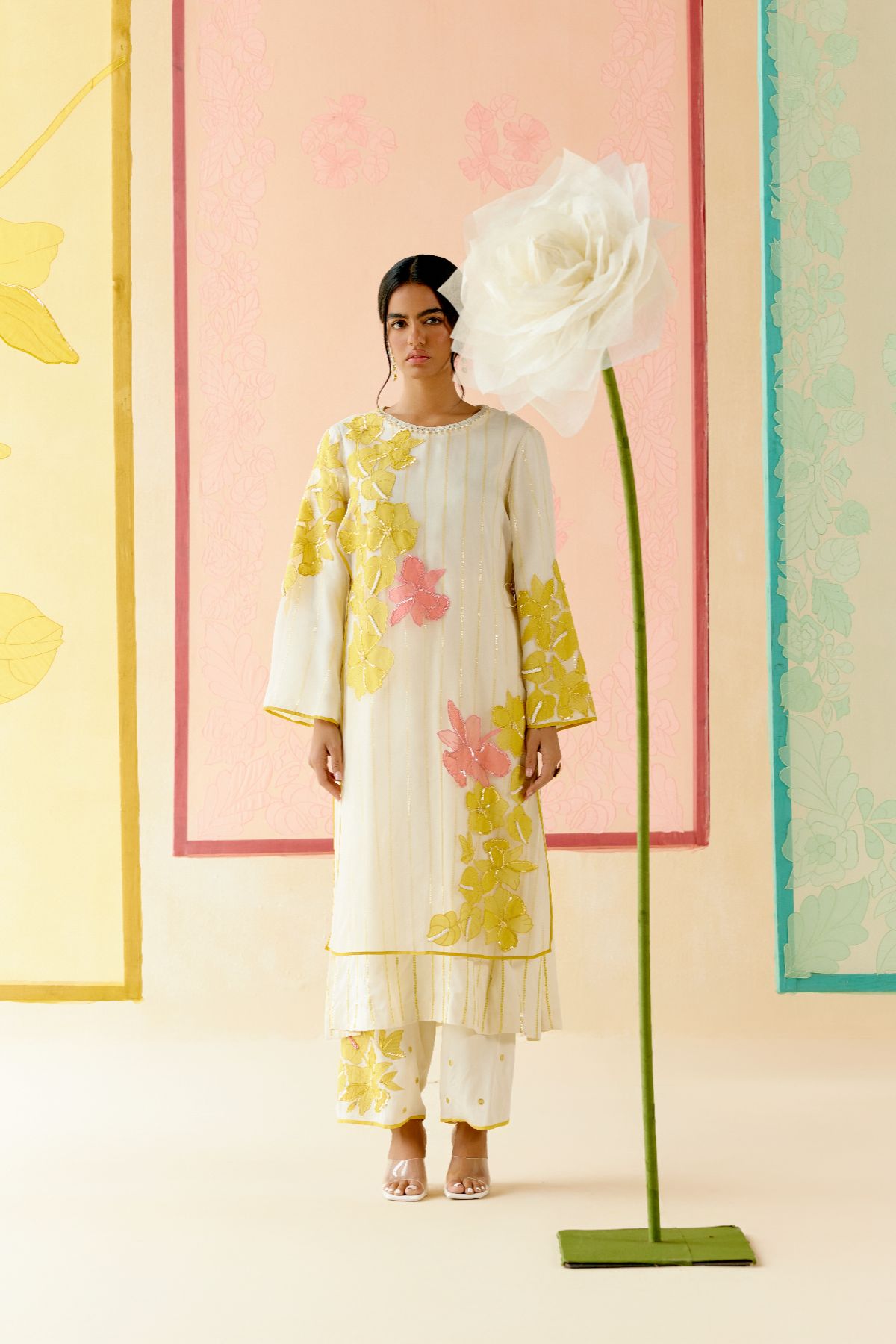"I AM" a Dahlia white applique & hand embroidered layered kurta set