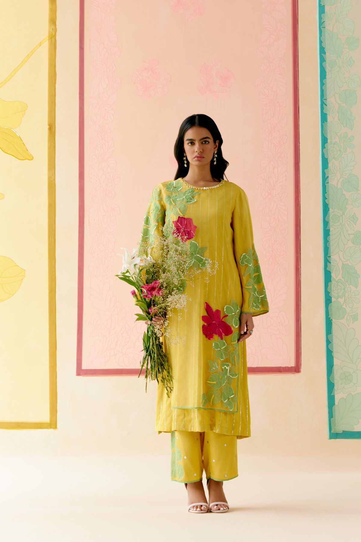"I AM" a Hyacinth  Mustard applique & hand embroidered layered kurta set