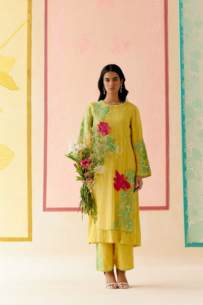 "I AM" a Hyacinth  Mustard applique & hand embroidered layered kurta set