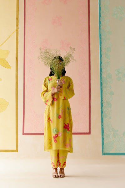 "I AM" a Hibiscus Mustard applique & hand embroidered layered kurta set