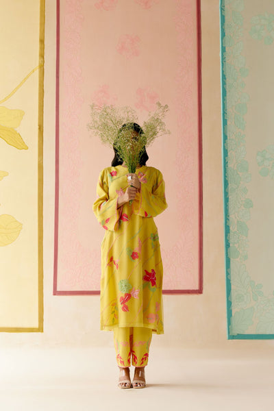 "I AM" a Bougainvillea mustard applique & hand embroidered leher suit set