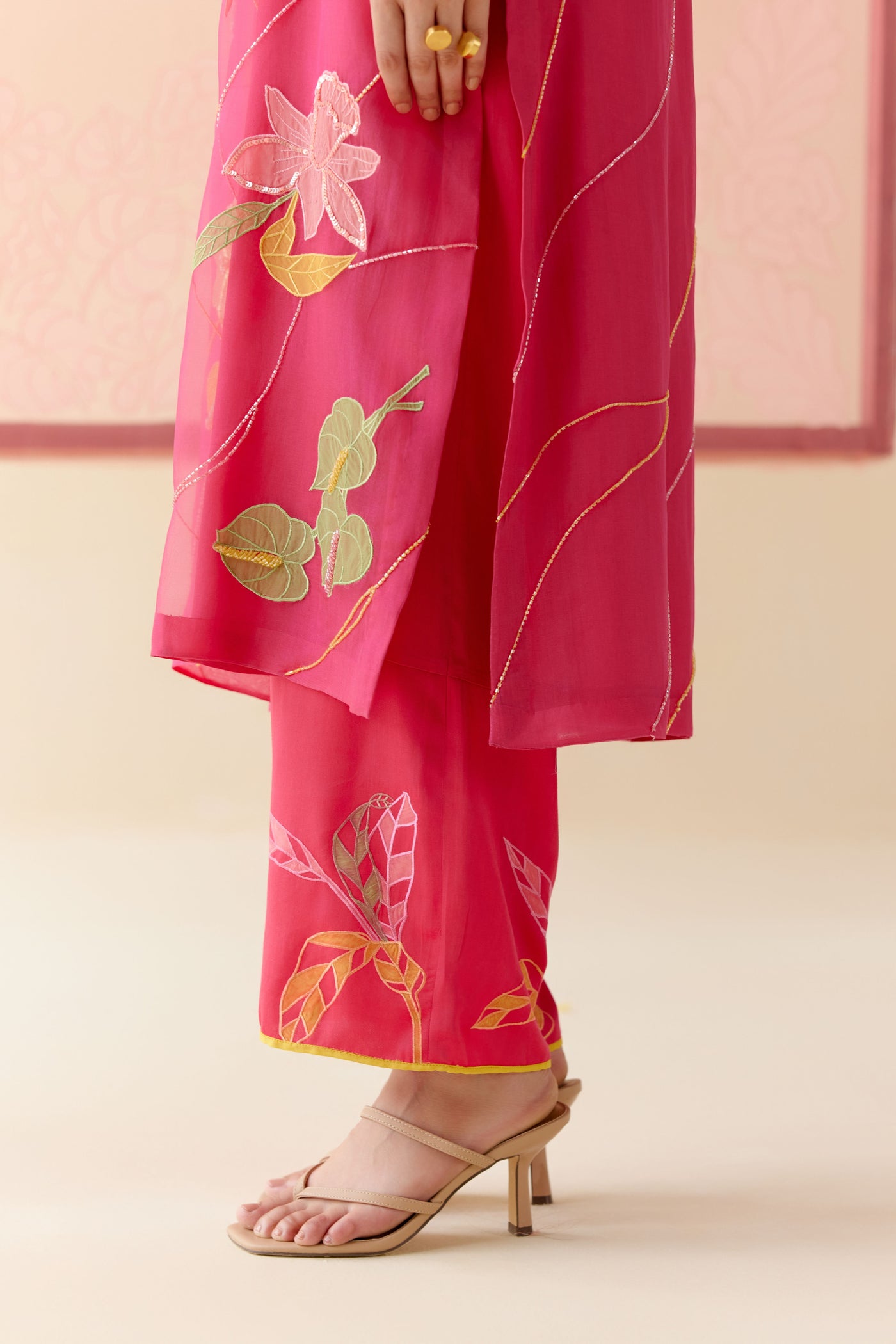 "I AM" a Bougainvillea pink applique & hand embroidered leher suit set