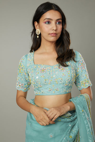 Pepper mint candy applique & hand embroidered silk organza saree set
