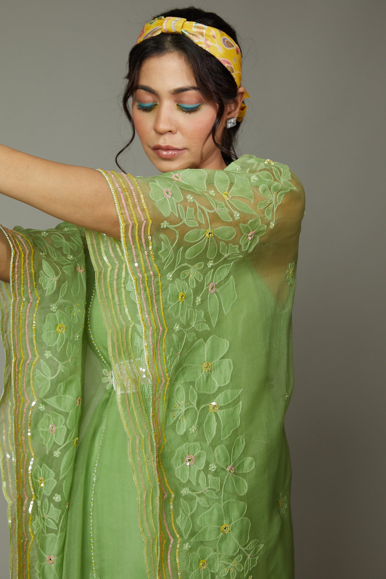 Green apple candy applique and hand embroidered Kaftaan set