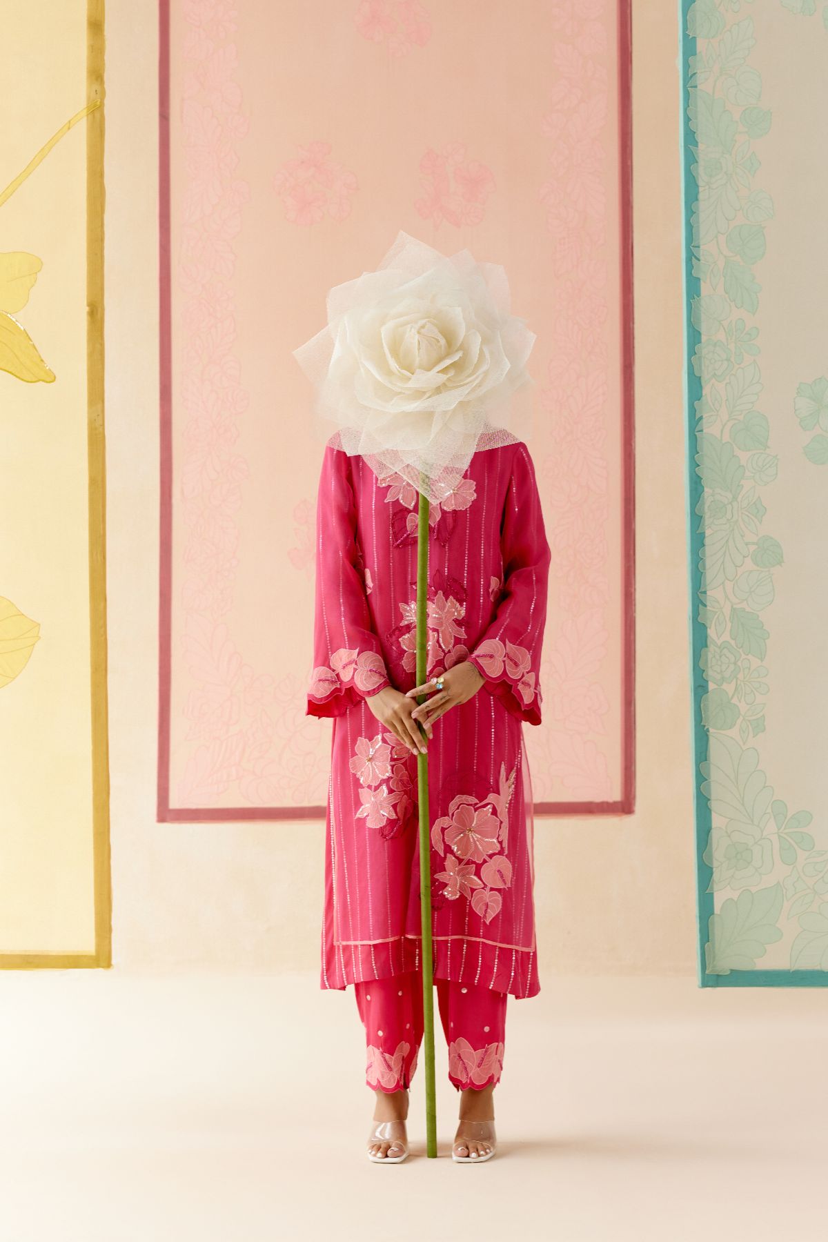 "I AM" a Carnation pink applique & hand embroidered layered kurta set