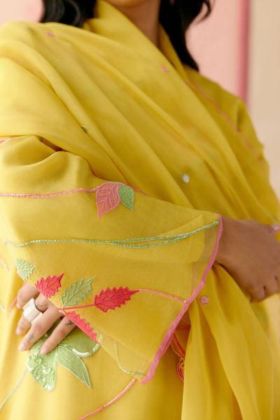 "I AM" a Bougainvillea mustard applique & hand embroidered leher suit set