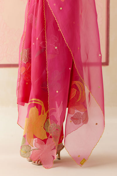 "I AM" a Bougainvillea pink applique & hand embroidered leher suit set