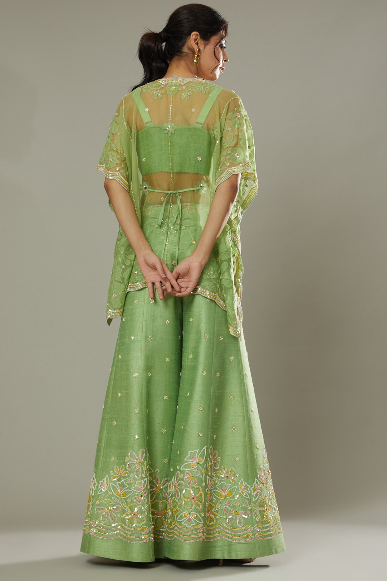 Green apple candy hand embroidered and applique work sharara cum plazzo set