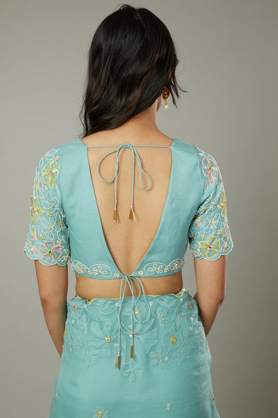 Pepper mint candy applique & hand embroidered silk organza saree set