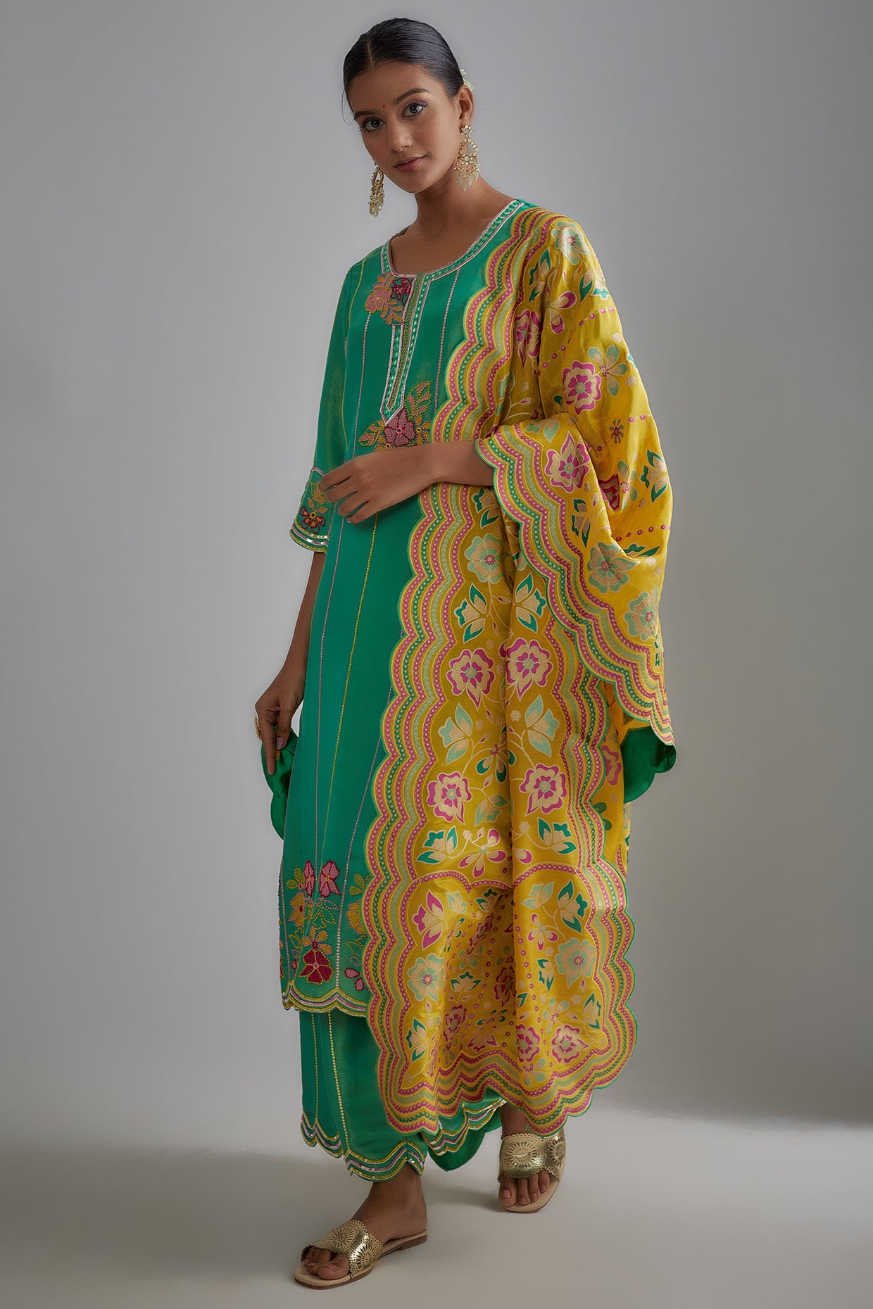 Green Silk Zari Hand Embroidered Kurta Set