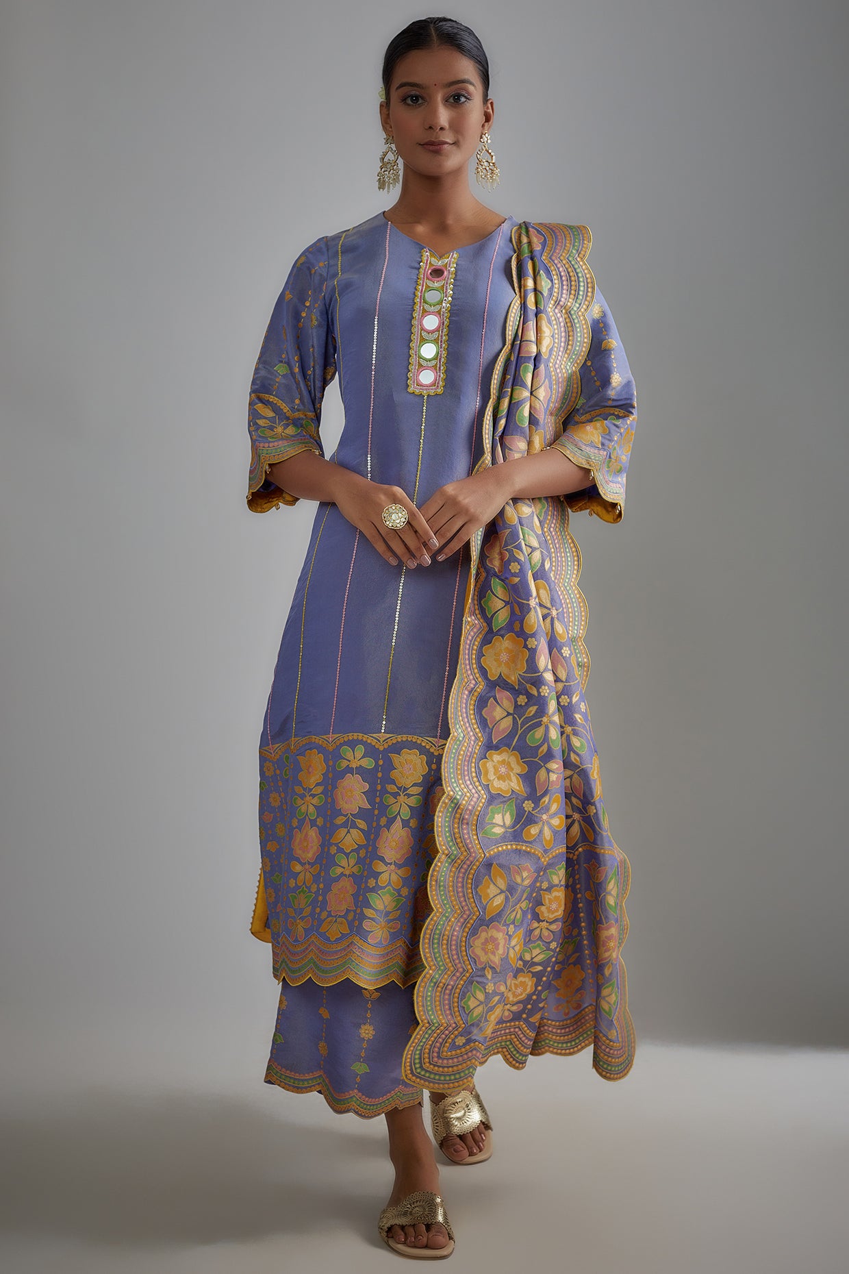 Mauve Silk Zari Printed & Embroidered Kurta Set