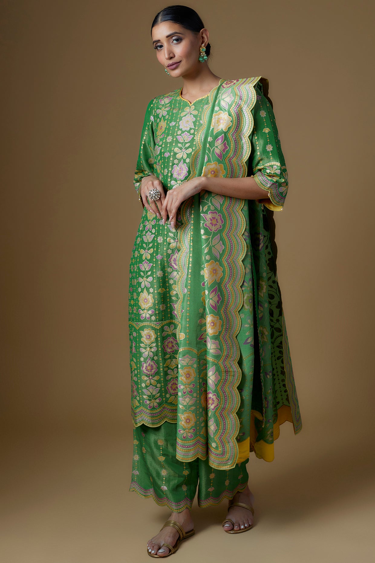 Green Silk Zari Hand Printed Kurta Set