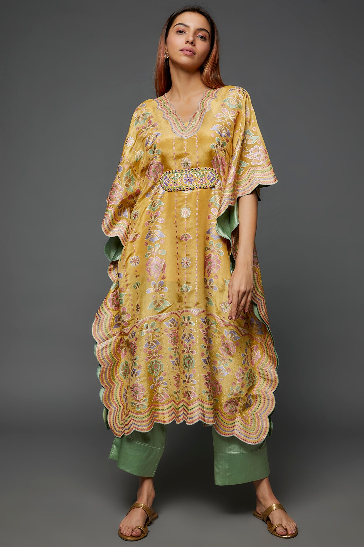 Pastel Yellow Silk Hand Printed & Embroidered Kaftan Set