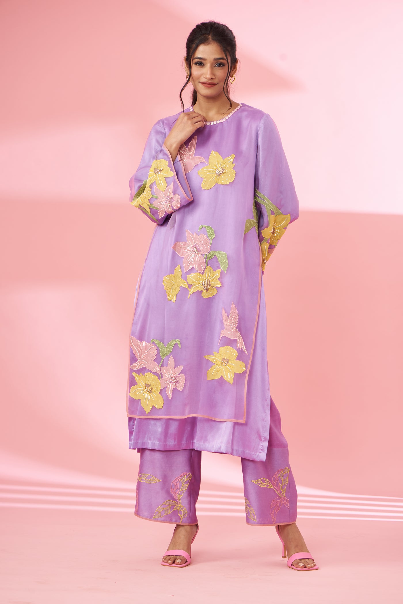 Colorful floral applique work and hand embroidered kurta set