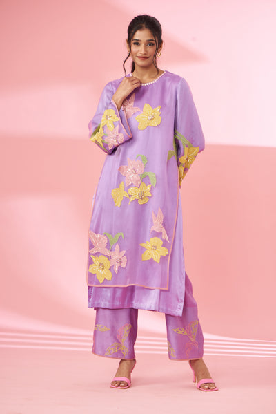 Colorful floral applique work and hand embroidered kurta set