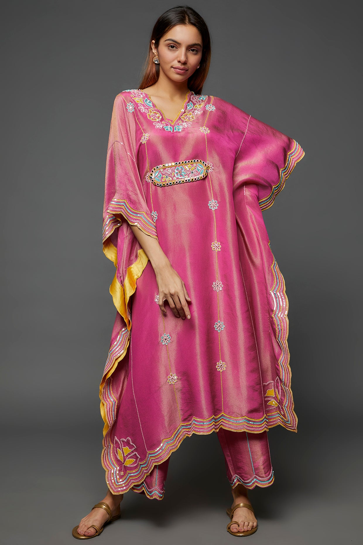 Pink Silk Blend Hand Embroidered Kaftan Set