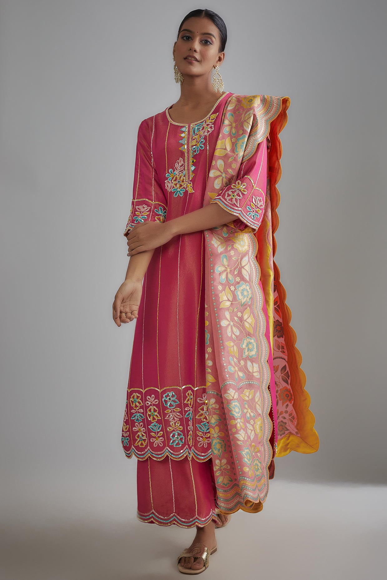 Hot Pink Silk Zari Hand Embroidered Kurta Set