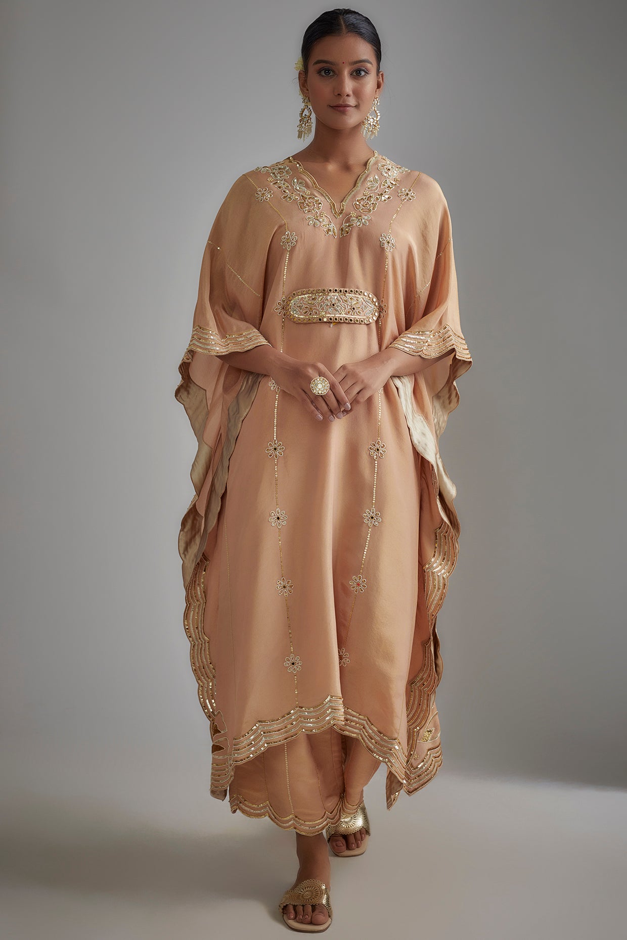 Rose Gold Silk Zari Hand Printed Kaftan Set