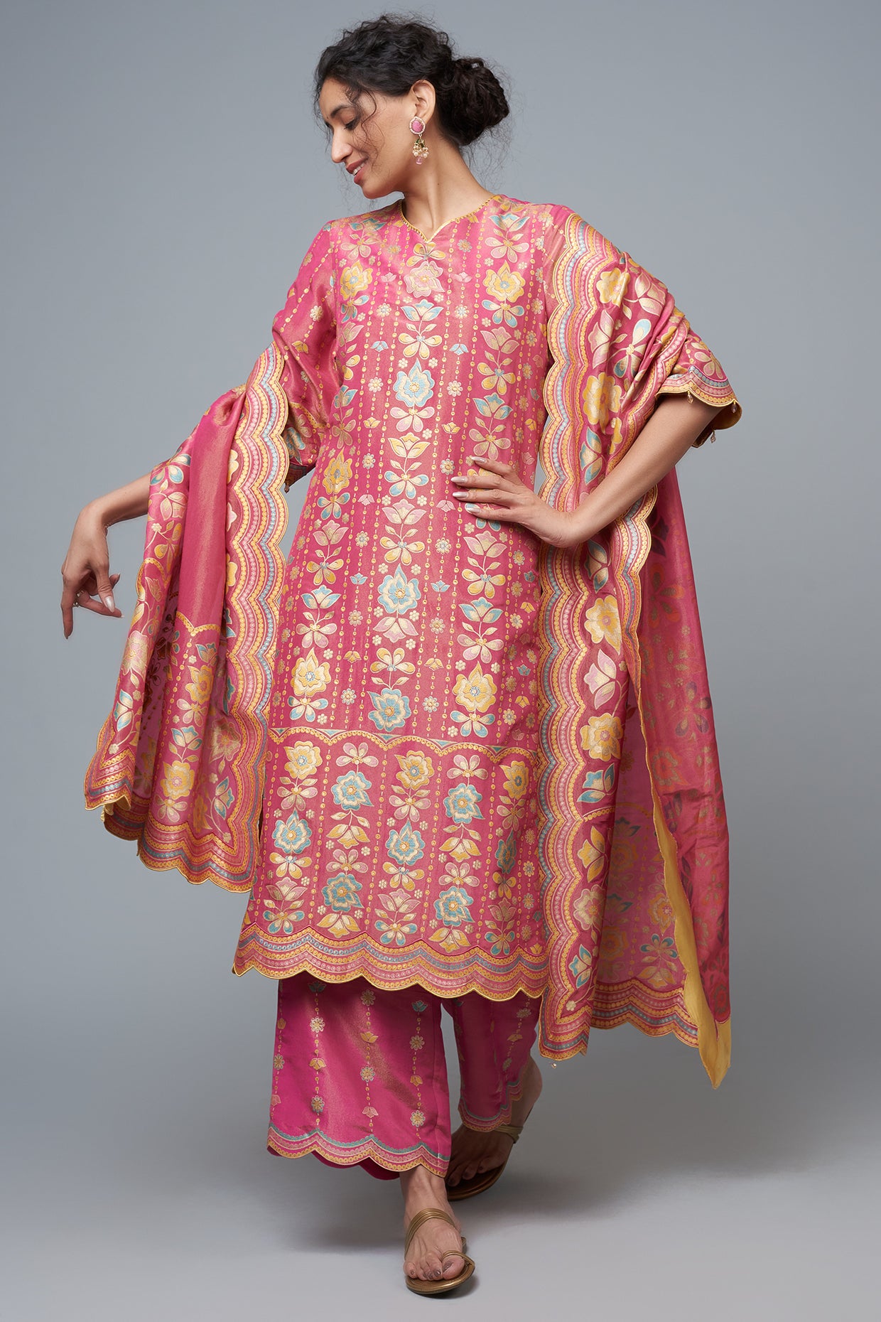 Hot Pink Silk Blend Floral Printed Kurta Set