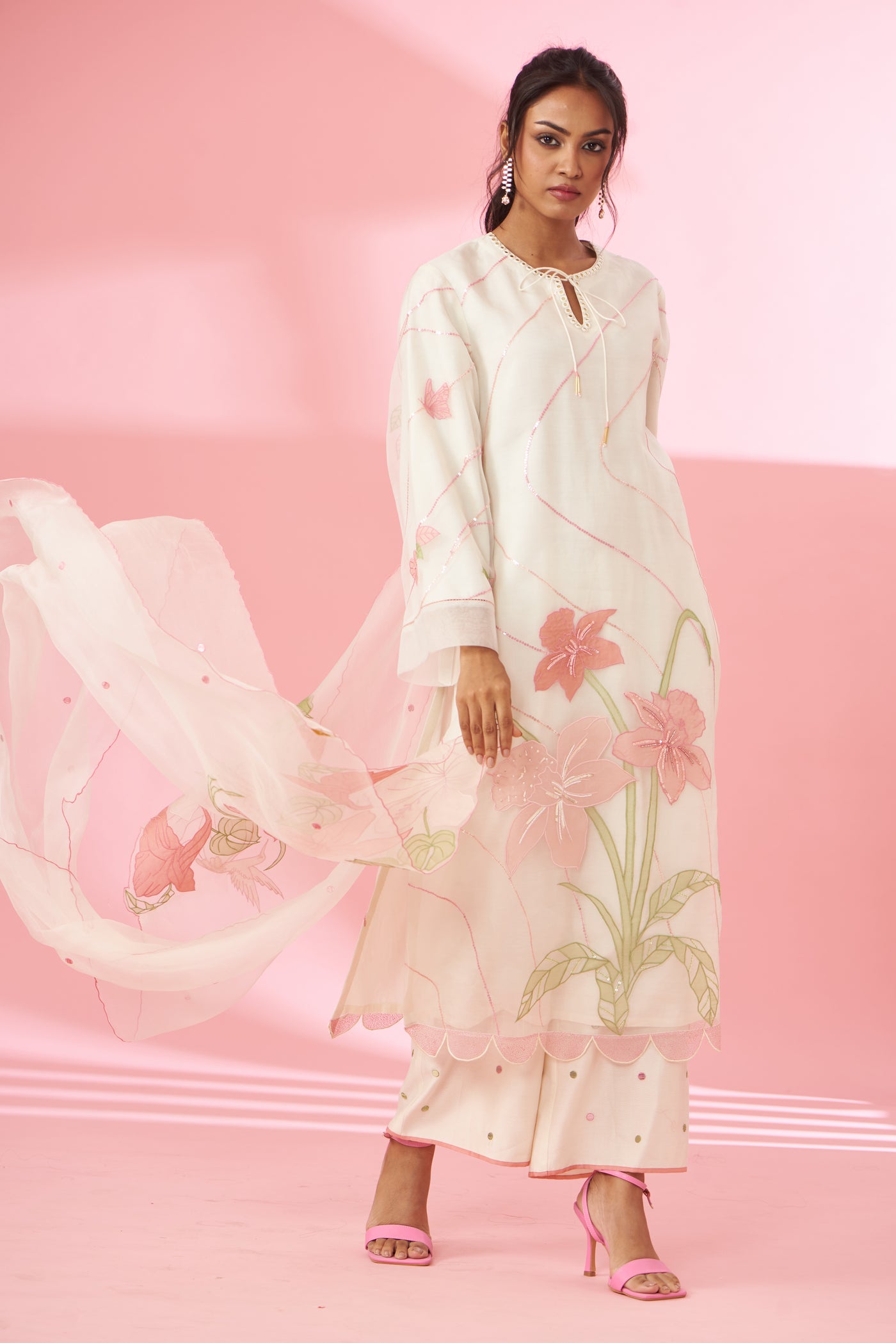 Colorful floral applique work and hand embroidered suit set
