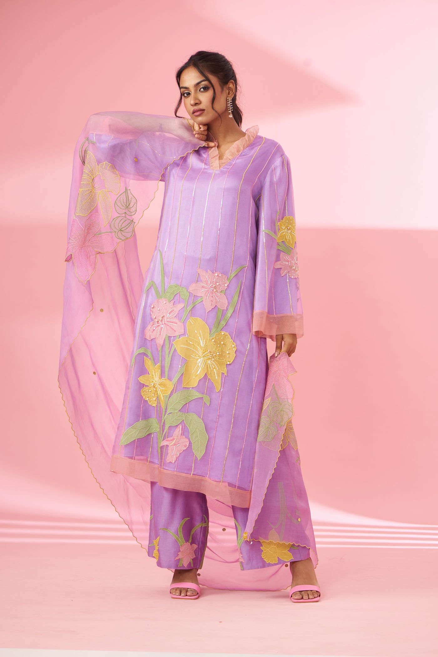 Colorful floral applique work and hand embroidered kurta set