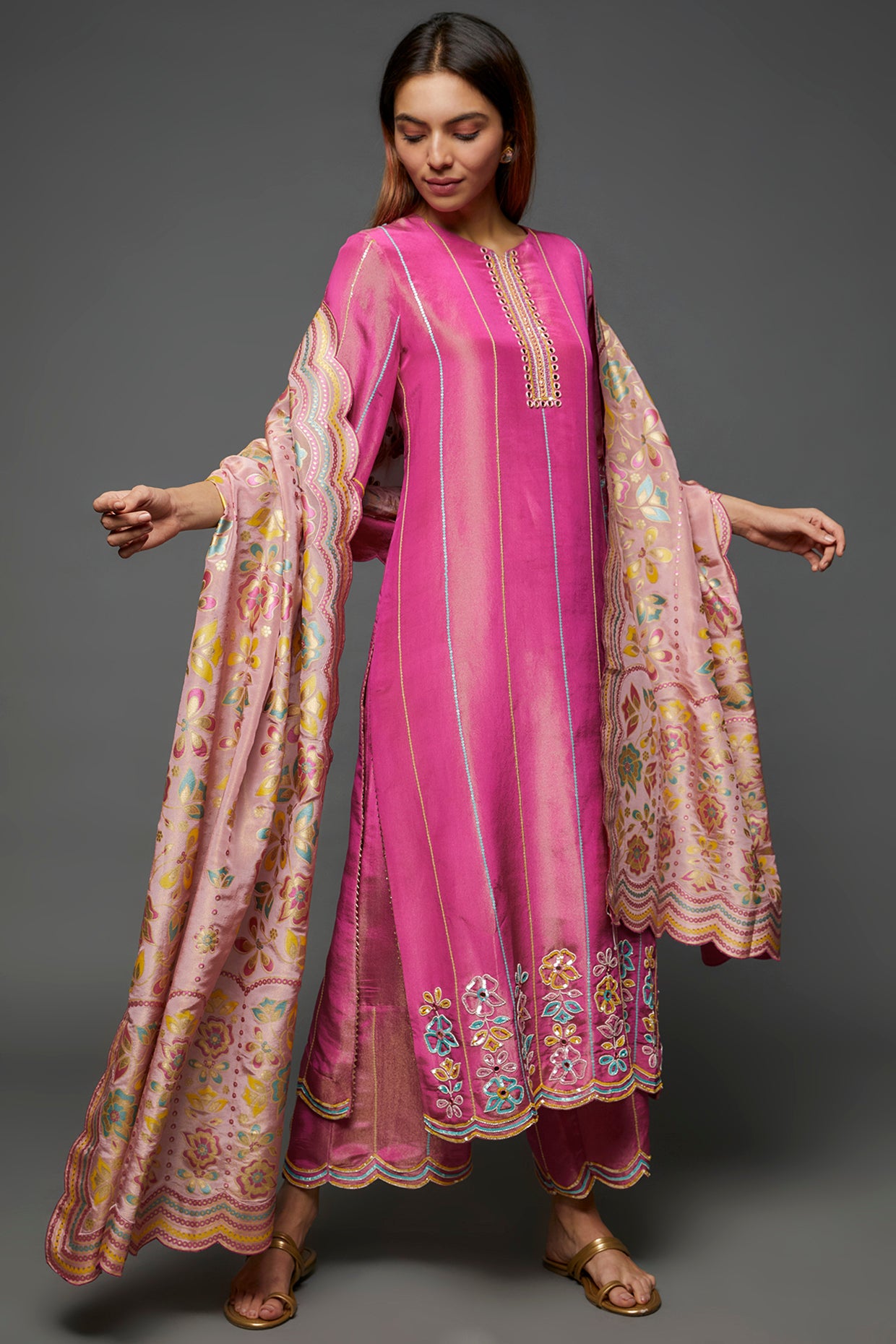 Pink Linen Satin Kurta Set