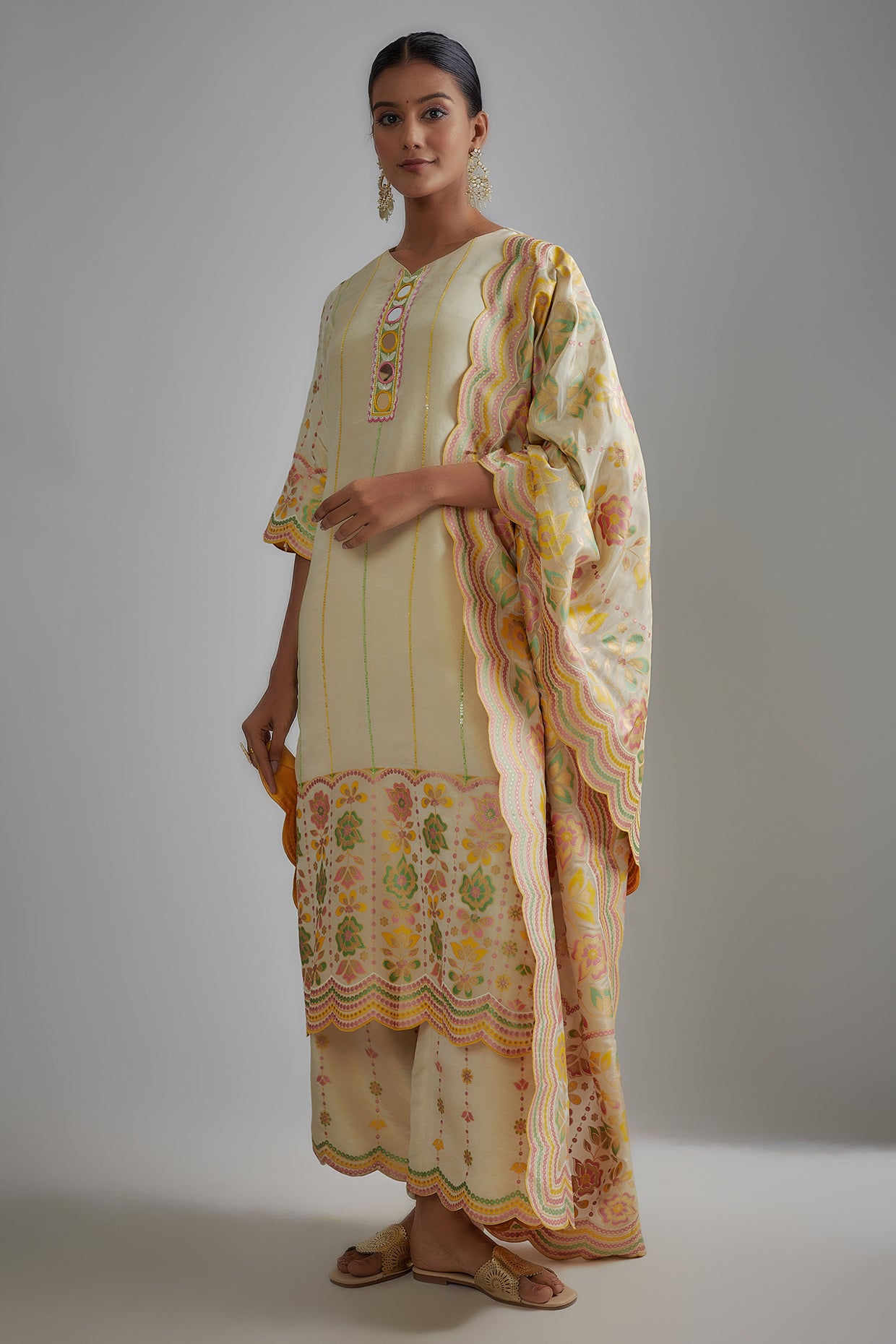 Ivory Silk Zari Printed & Embroidered Kurta Set