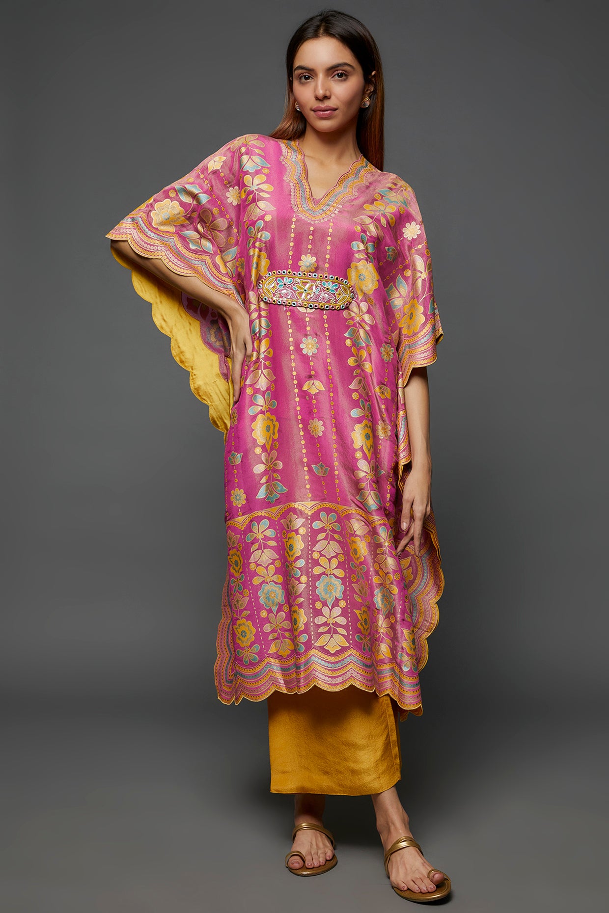 Pink Silk Hand Printed & Embroidered Kaftan Set