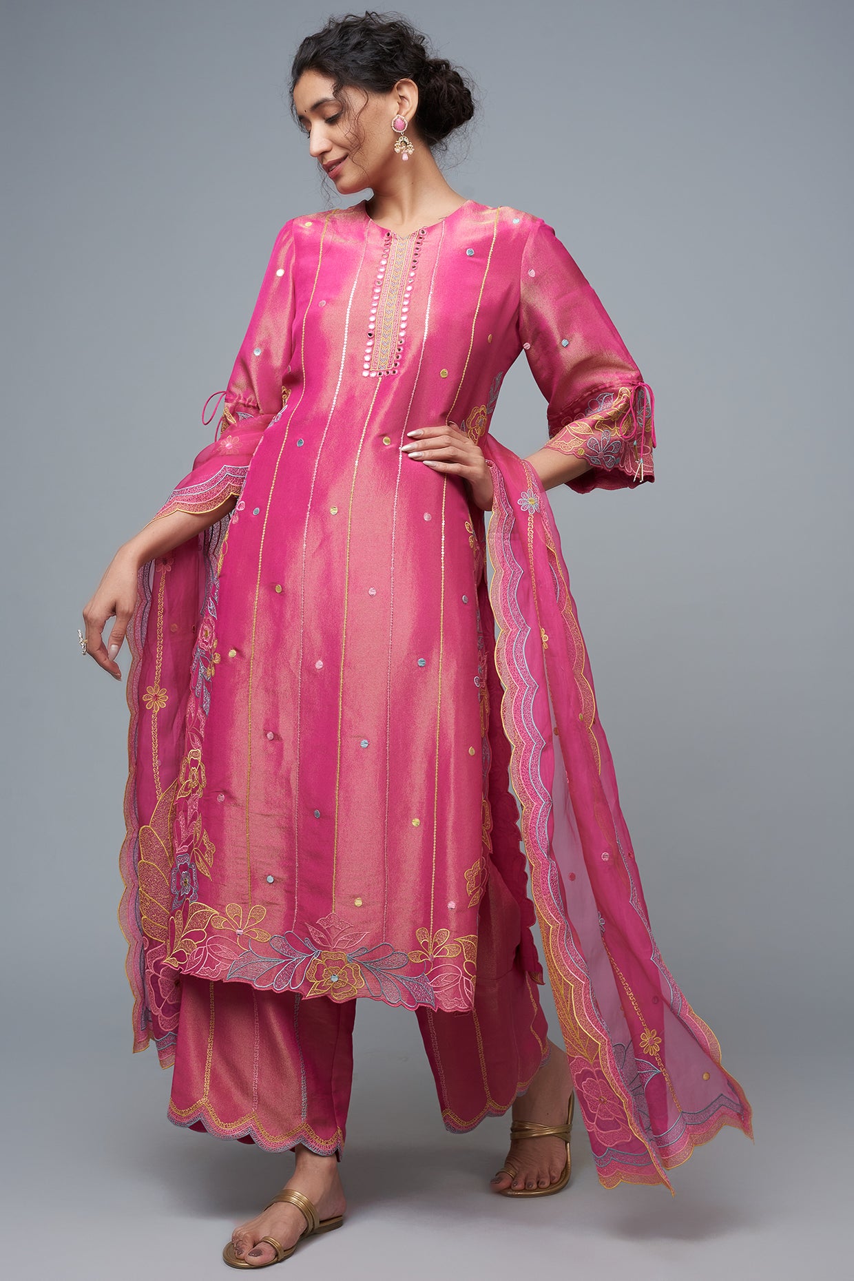 Hot Pink Silk Blend Embroidered Kurta Set