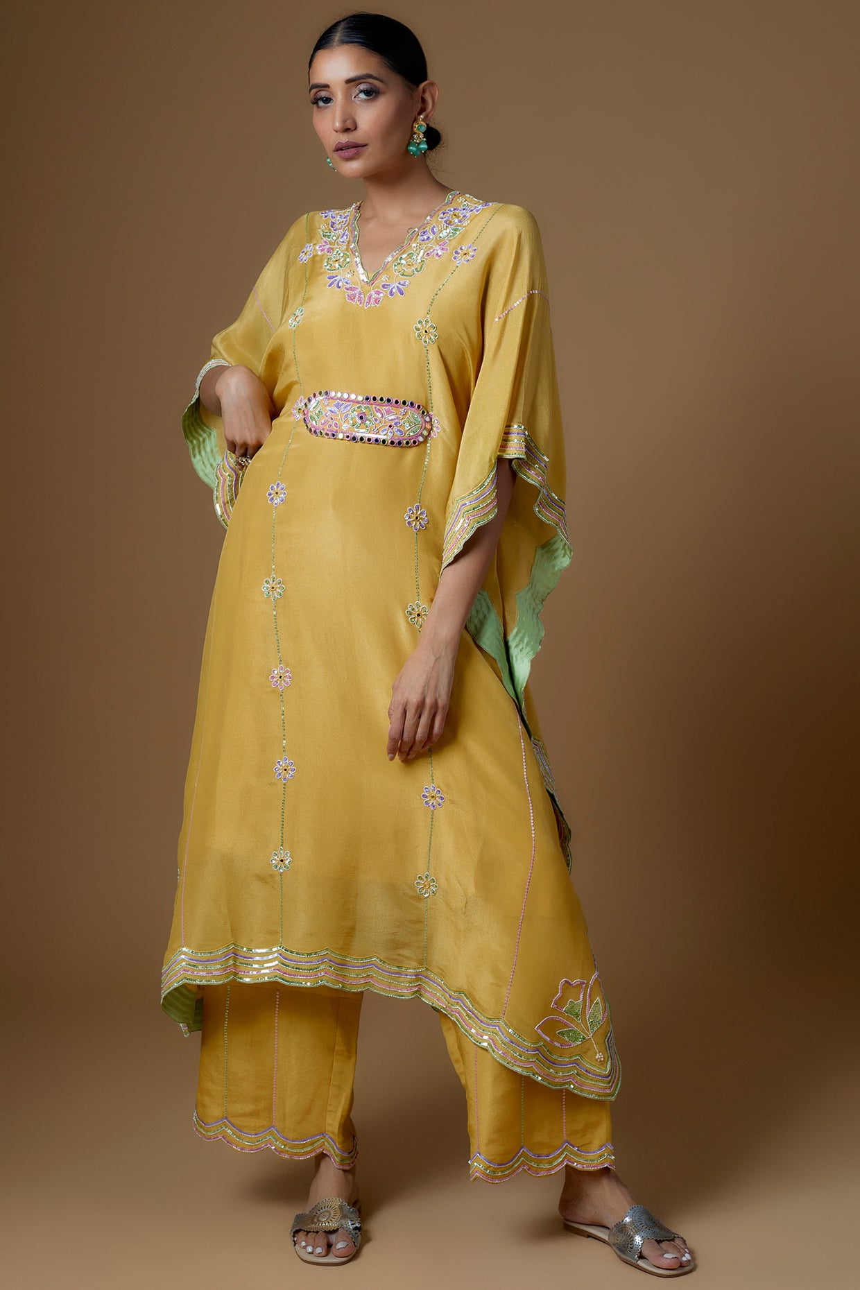 Yellow Silk Zari Hand Embroidered Kaftan Set