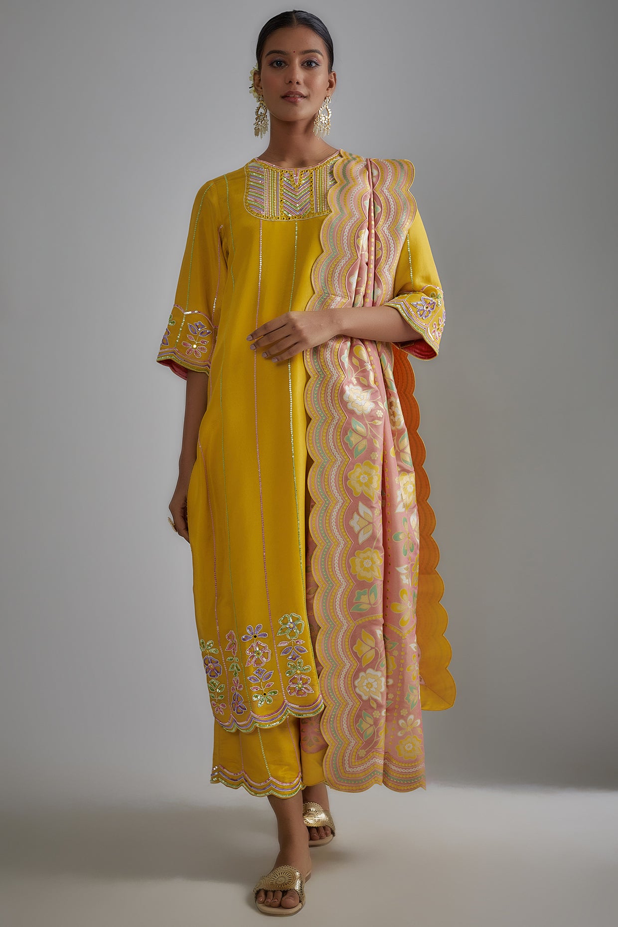 Mustard Silk Zari Hand Embroidered Kurta Set