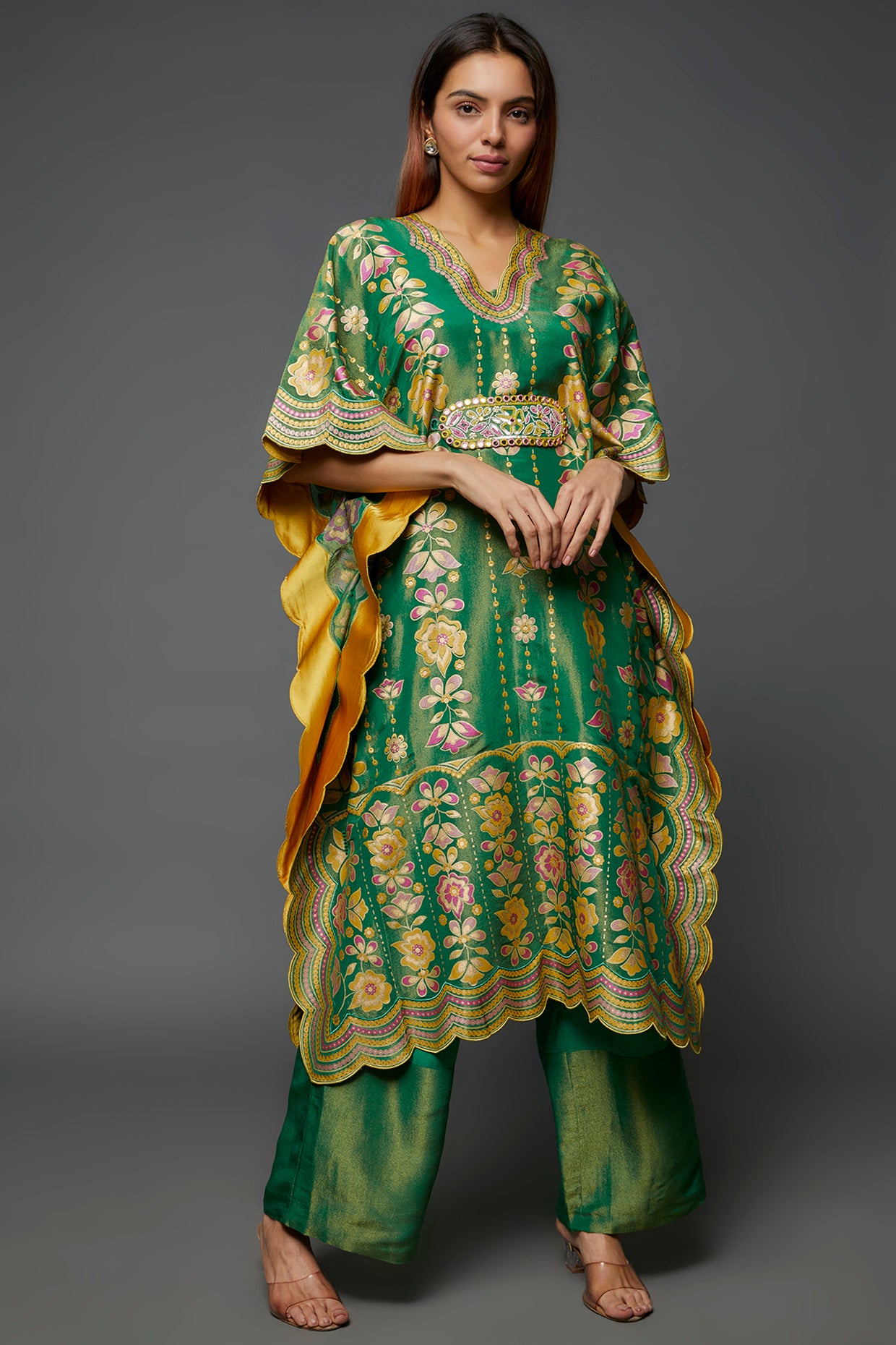 Green Silk Hand Printed & Embroidered Kaftan Set