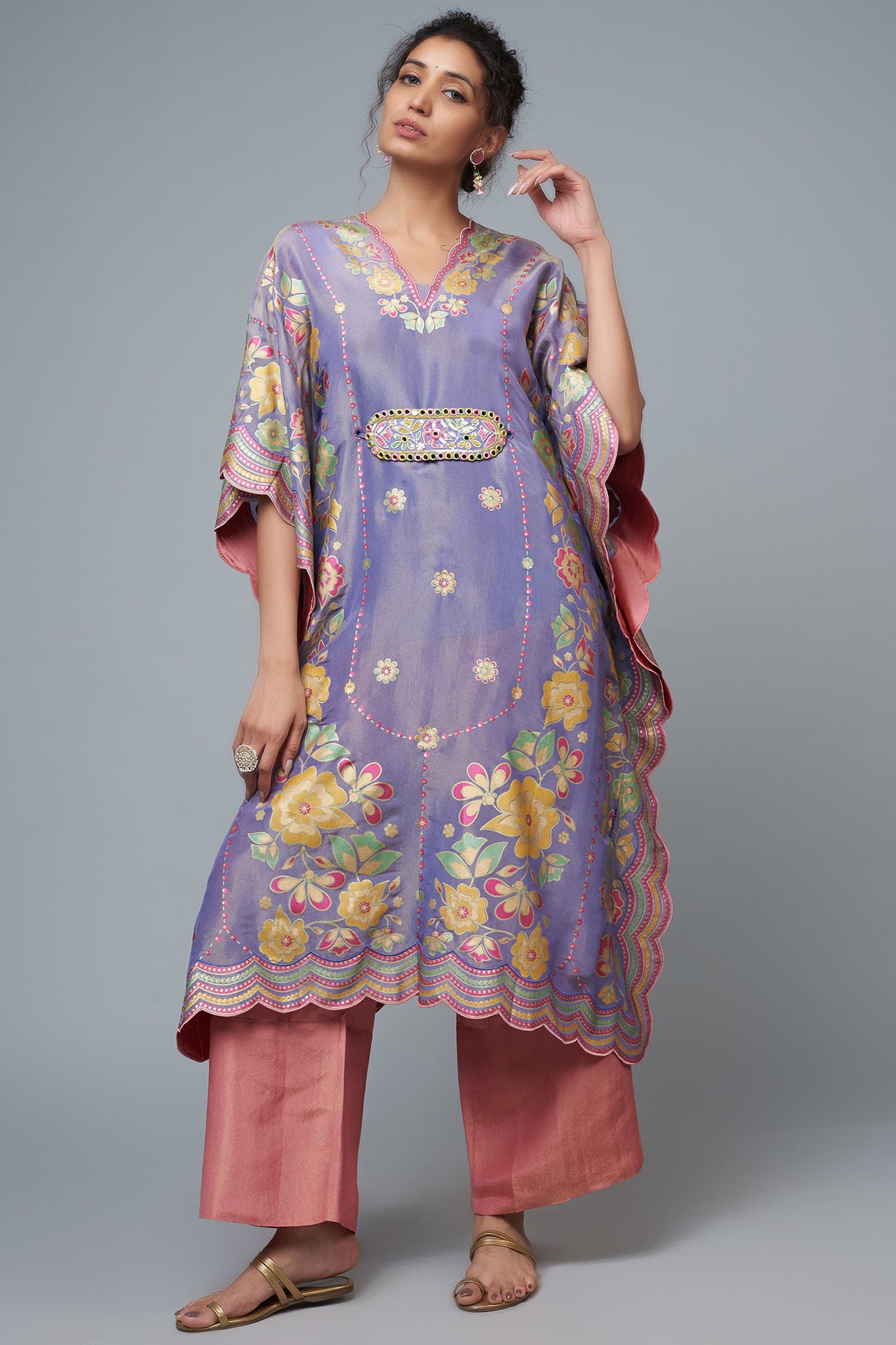 Mauve Silk Blend Printed & Embroidered Kaftan Set