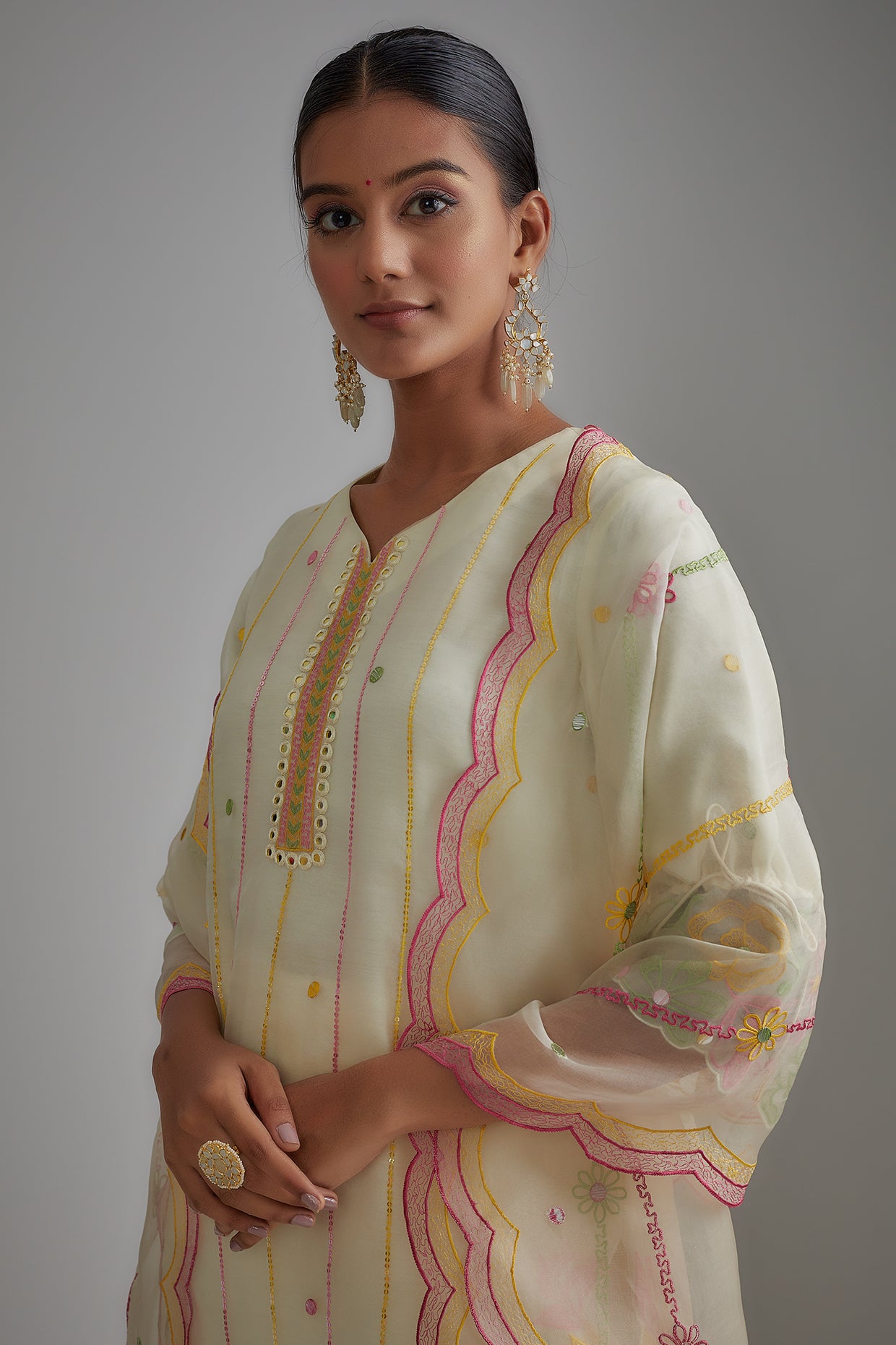 Ivory Silk Organza Embellished Kurta Set