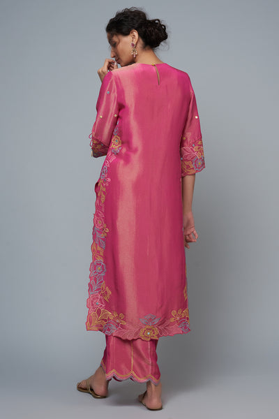 Hot Pink Silk Blend Embroidered Kurta Set