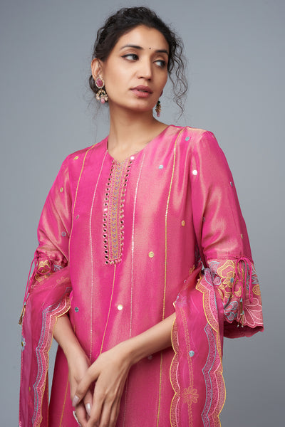 Hot Pink Silk Blend Embroidered Kurta Set