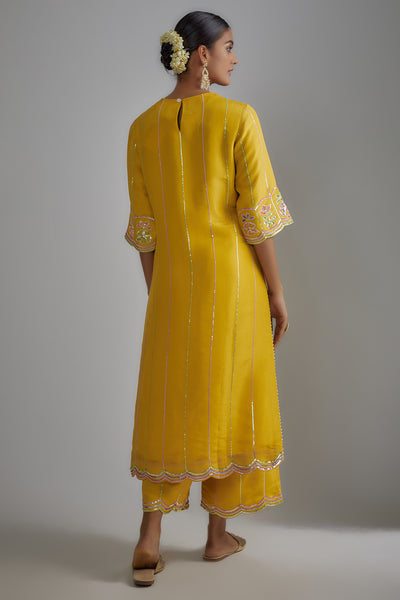 Mustard Silk Zari Hand Embroidered Kurta Set