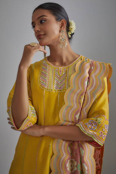 Mustard Silk Zari Hand Embroidered Kurta Set