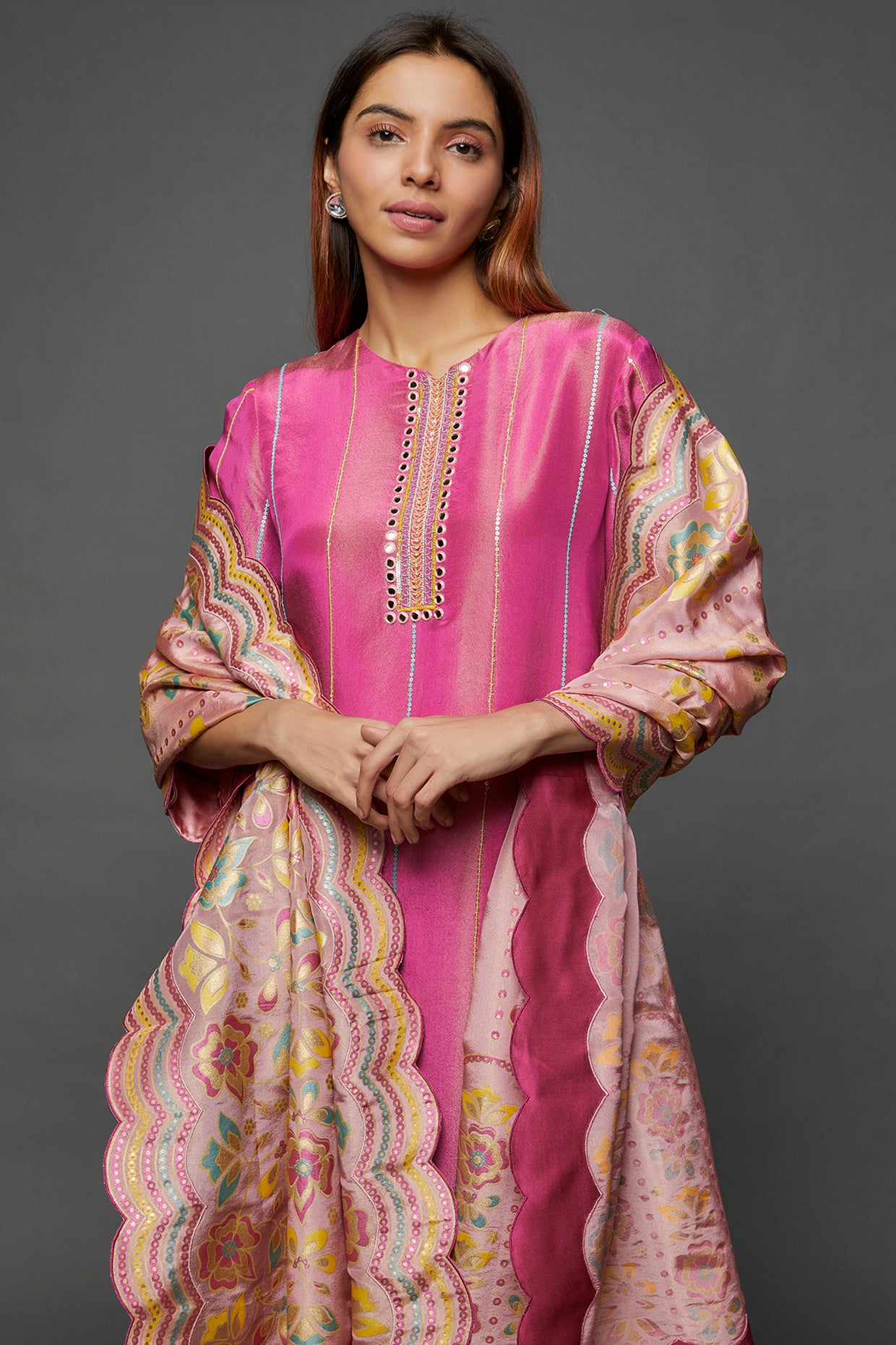 Pink Linen Satin Kurta Set