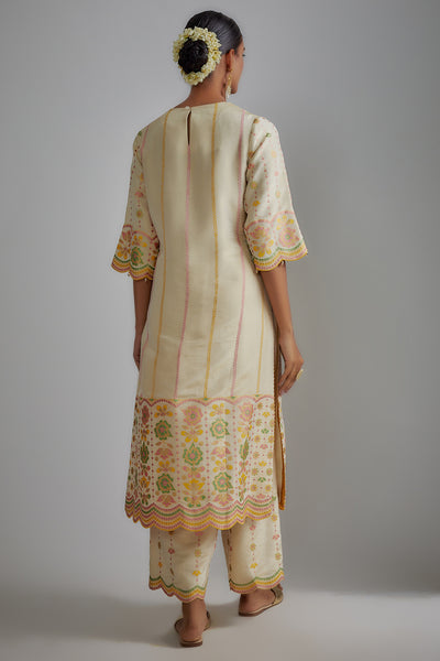 Ivory Silk Zari Printed & Embroidered Kurta Set