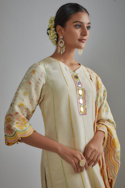 Ivory Silk Zari Printed & Embroidered Kurta Set