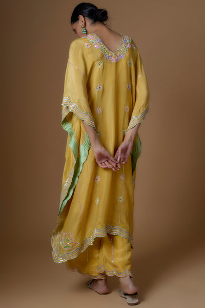 Yellow Silk Zari Hand Embroidered Kaftan Set