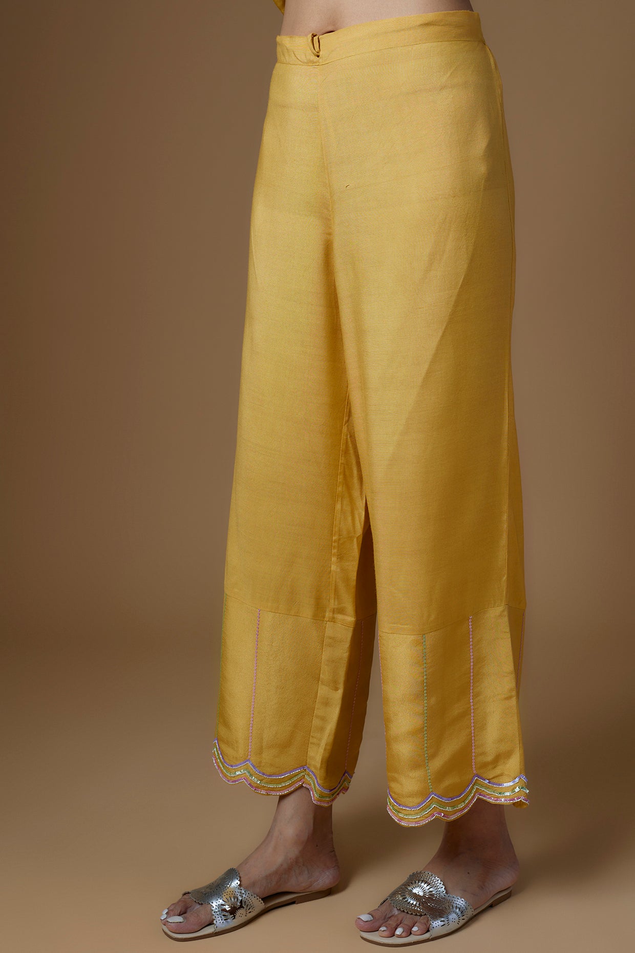 Yellow Silk Zari Hand Embroidered Kaftan Set