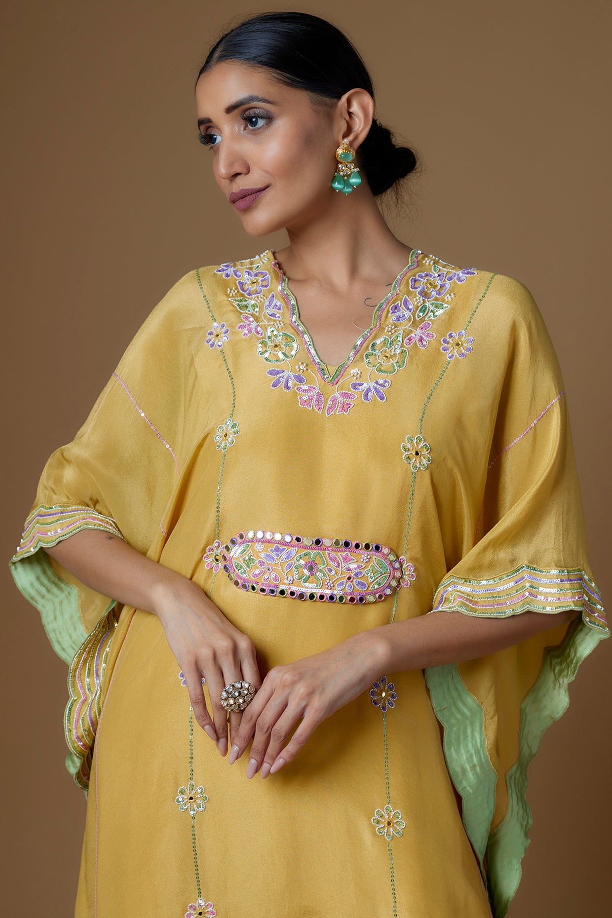 Yellow Silk Zari Hand Embroidered Kaftan Set