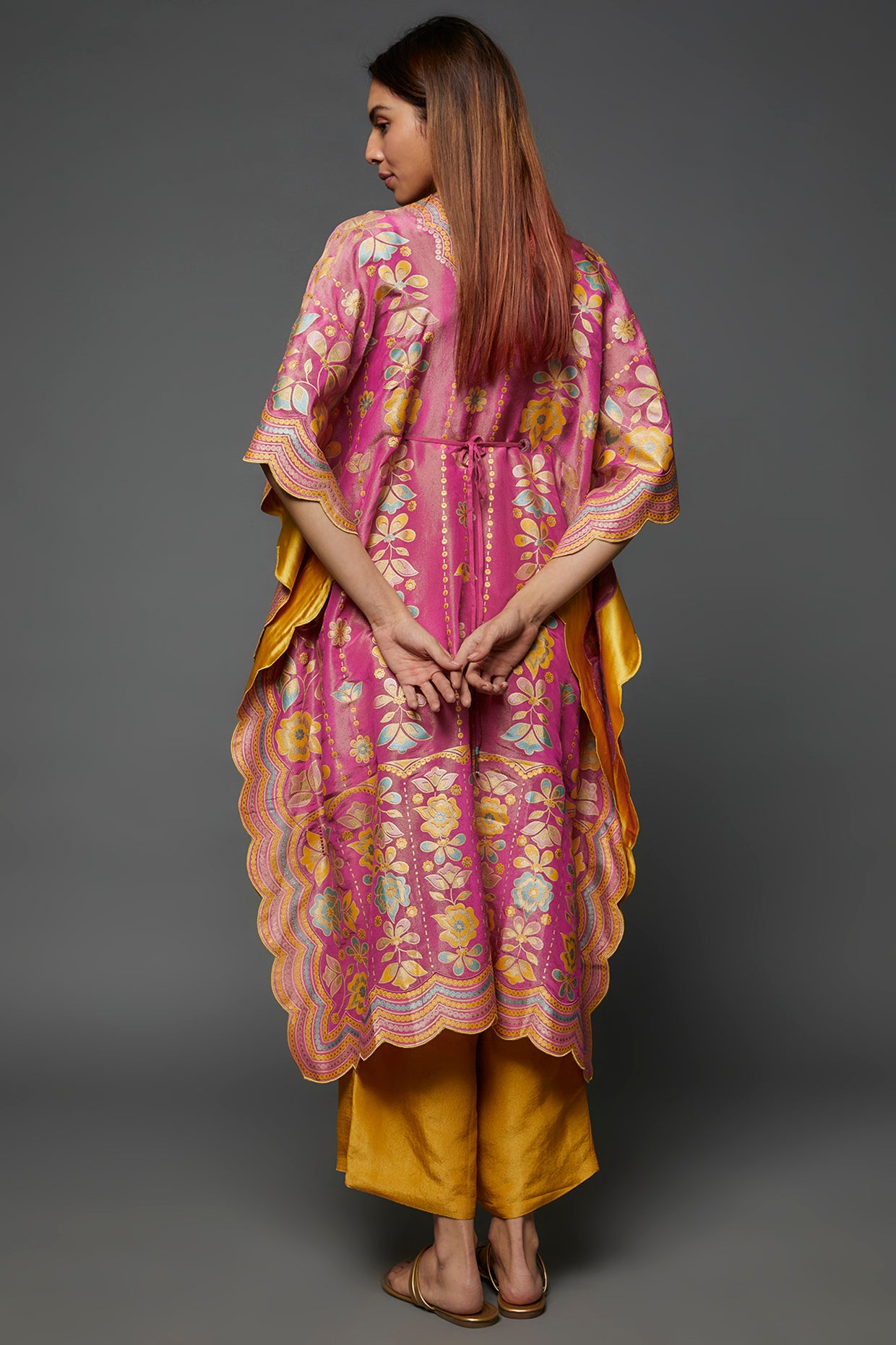 Pink Silk Hand Printed & Embroidered Kaftan Set